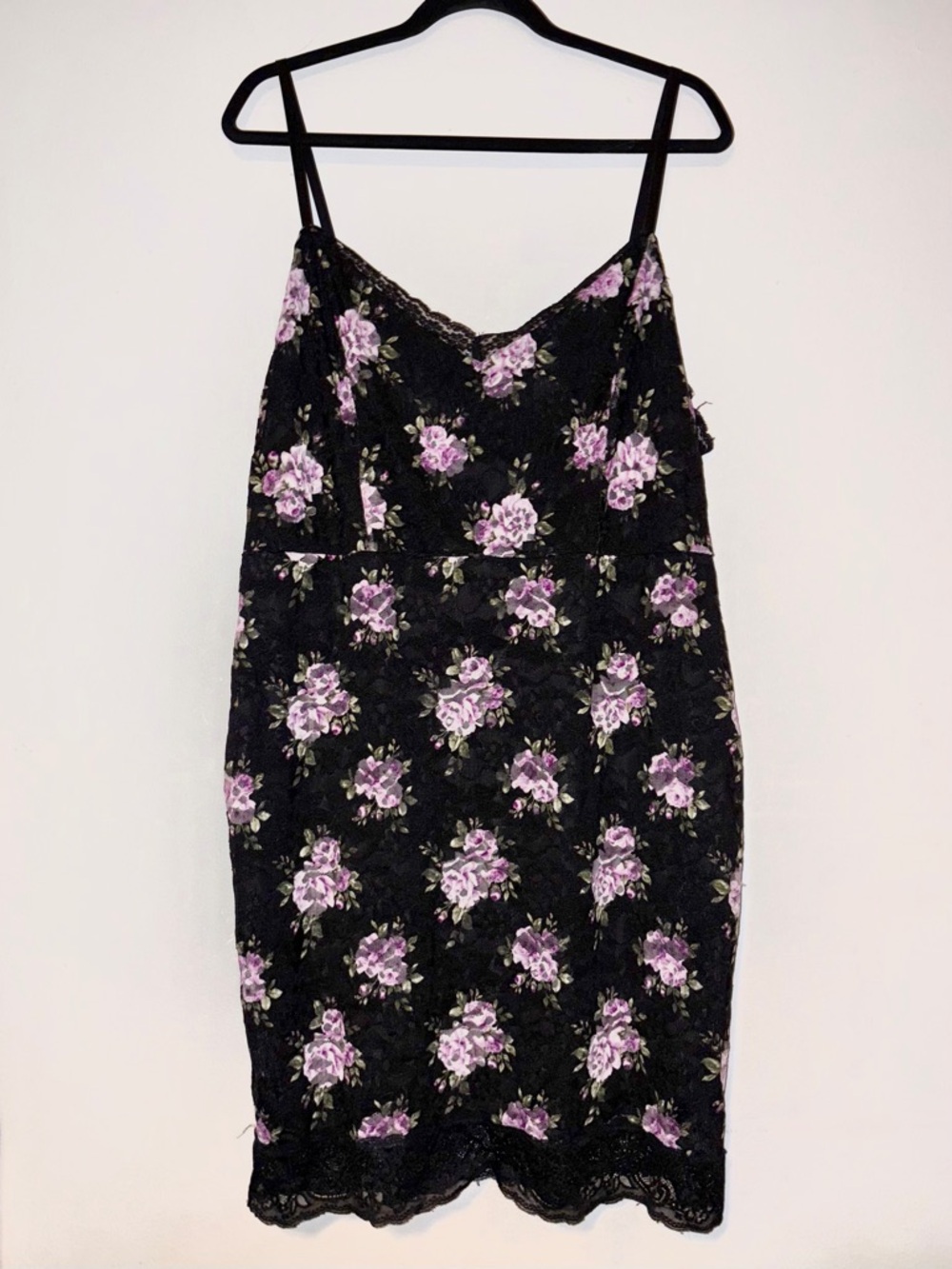 Black Floral Lace Trim Slip Dress